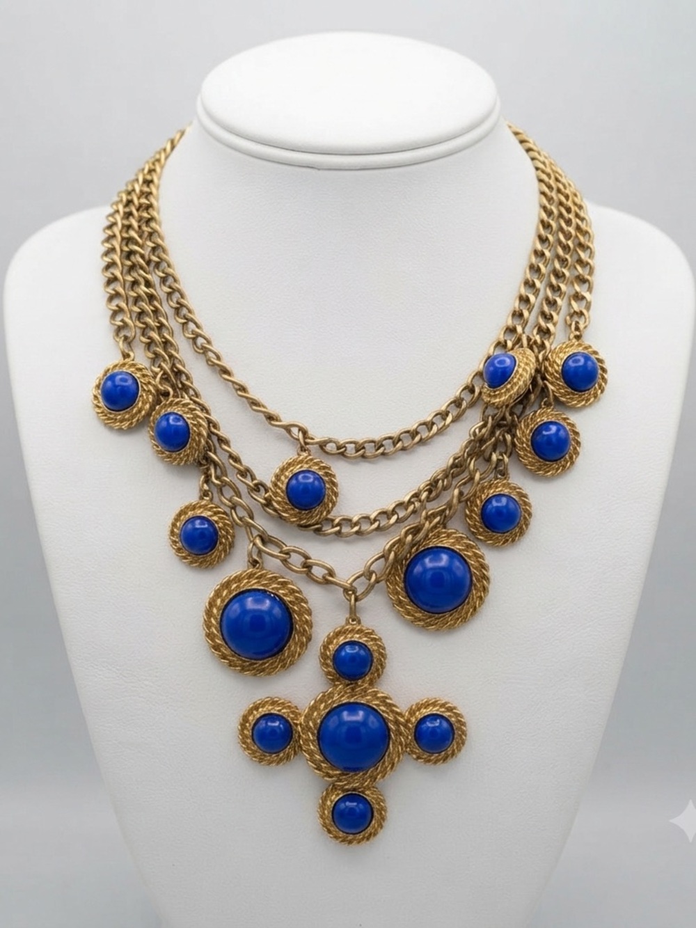 Vintage signed MIKA multi strand cobalt blue resin cabochon statement necklace